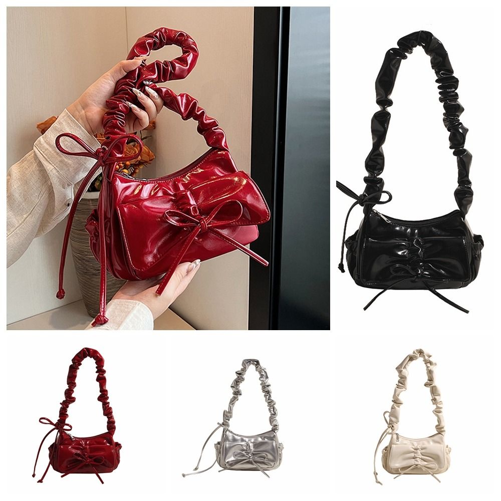 Luxury French Style Bowknot Underarm Bag Korean Style Solid Color Y2k Shoulder Bag Tote Bag Pleated Pu Dumpling Bag Women