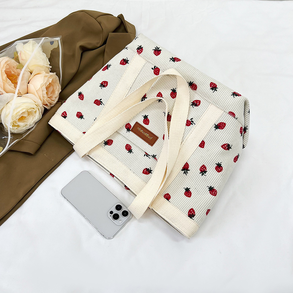 Women Strawberry Printed Shoulder Bag Large Capacity Corduroy Cartoon Pattern Grocery Bag Zipper Closure Girls Outdoor Bag