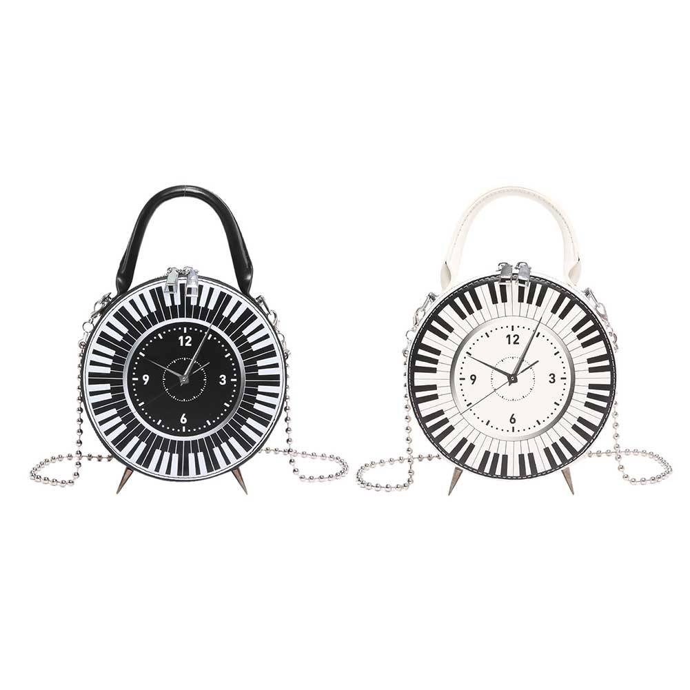Women PU Retro Clock Dial Handbag Large Capacity Black White Piano Clock Shoulder Purse Clock Shape Crossbody Bag Top Handle Bag