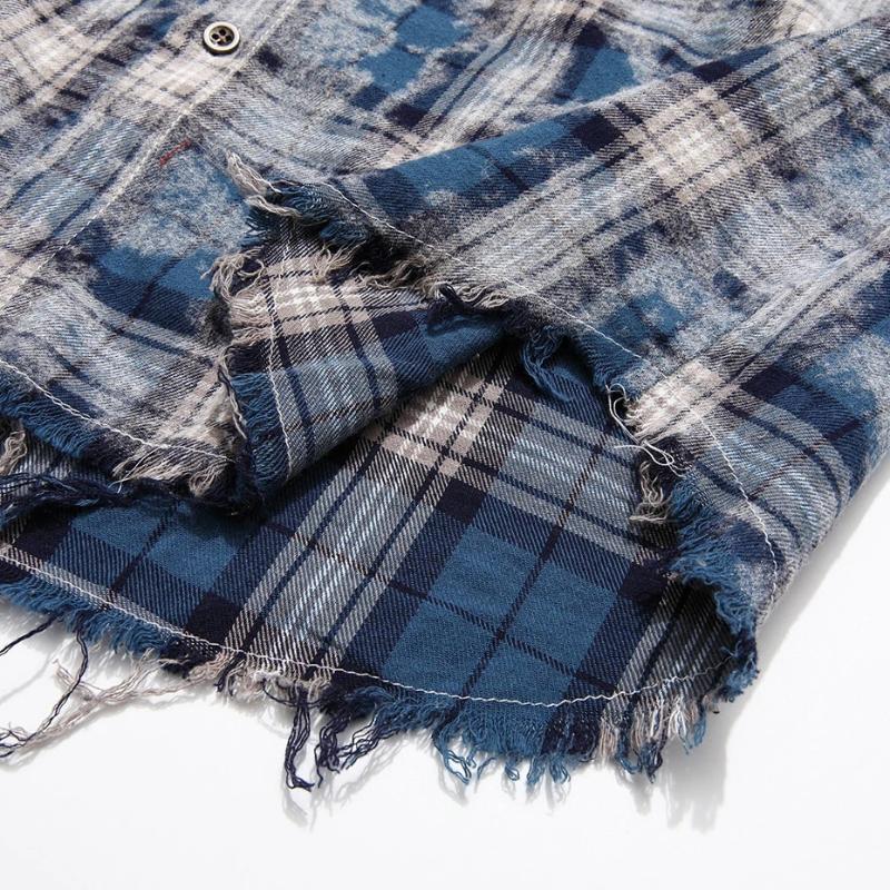 Men's Casual Shirts Hip Hop Streetwear Men Haruku Oversized Long Sleeve Plaid Distressed Tassed Loose Button Up Blouse