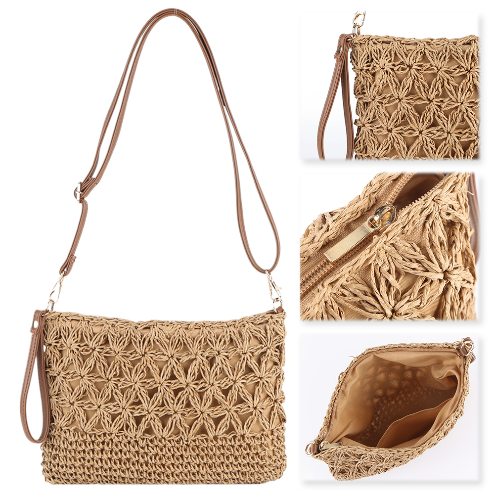 Straw Woven Summer Shoulder Bag Detachable Shoulder Strap Women Clutch Purse Zipper Handbag for Beach Travel Vacation