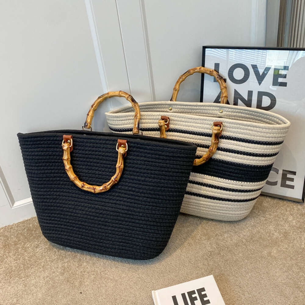 Shopping Tote Bamboo Handle Women Weaving Bag Large Capacity Striped Portable Casual Fashion Exquisite for Seaside Party