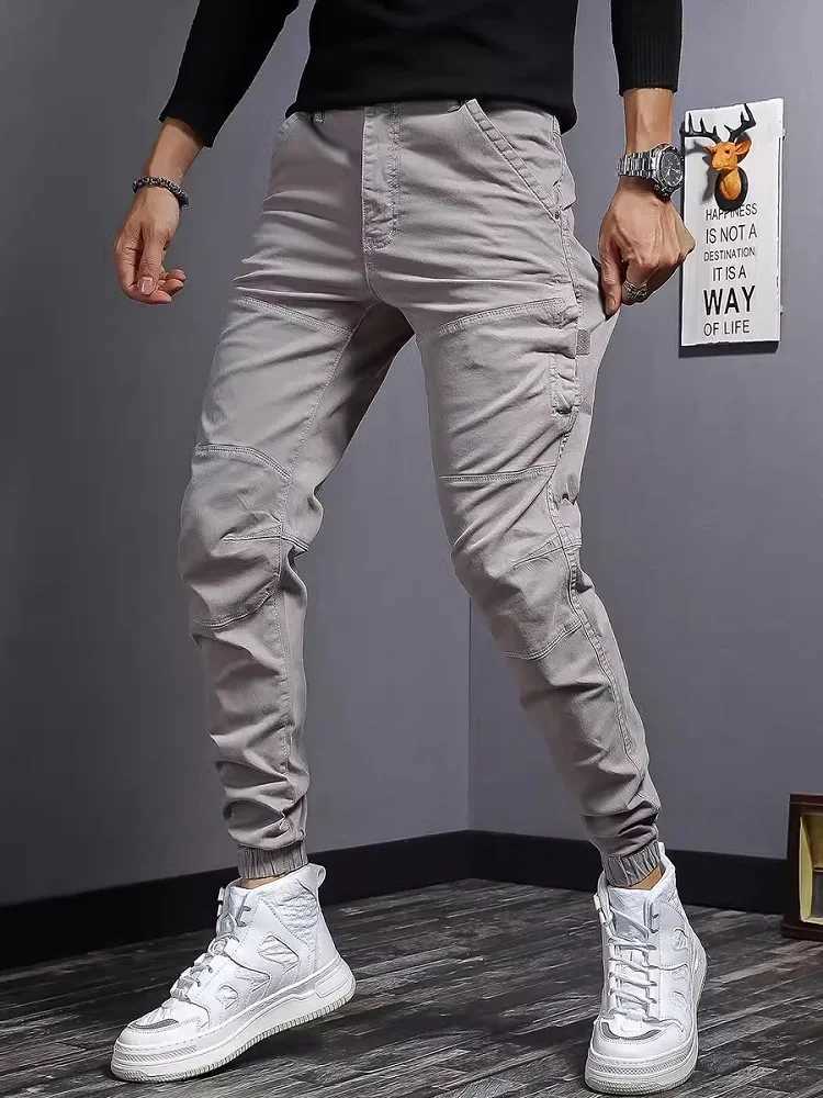 Mens Cotton Gray Cargo Pants Autumn Tactical Casual Stretch Slim Fit Trousers LX241107
