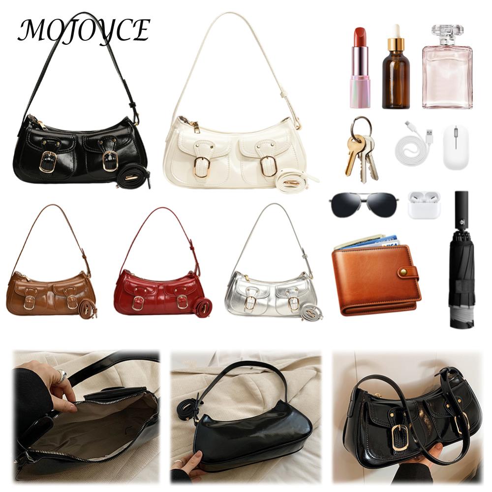 Women Double Pockets Shoulder Bag PU Leather Fashion Crossbody Bag Adjustable Strap Small Pocket Underarm Bag Ladies Daily Bag