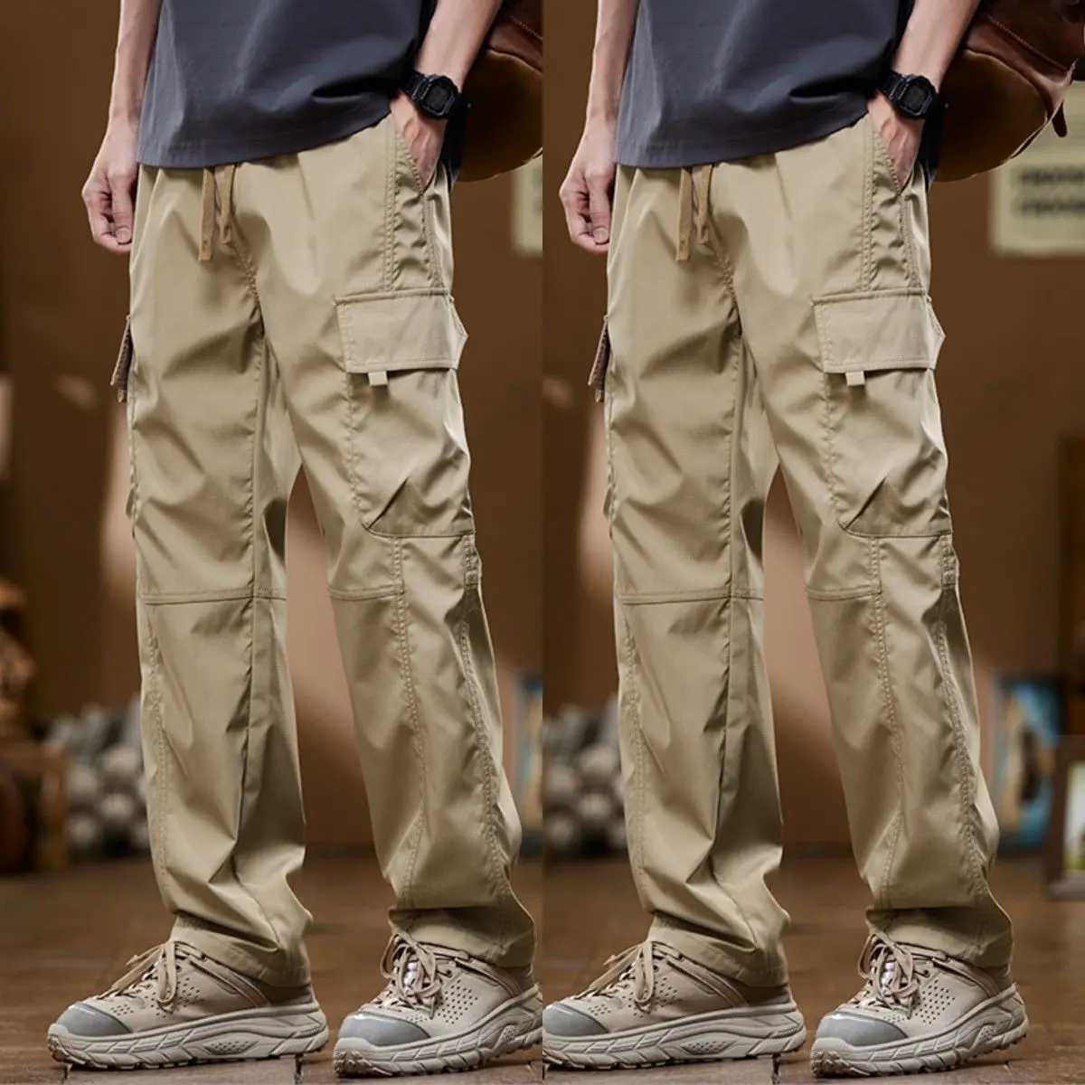 American High Street Fashion Casual Cargo Pants Men Solid Elastic Waist Drawstring Patchwork Pockets Versatile Straight Trousers LX241107