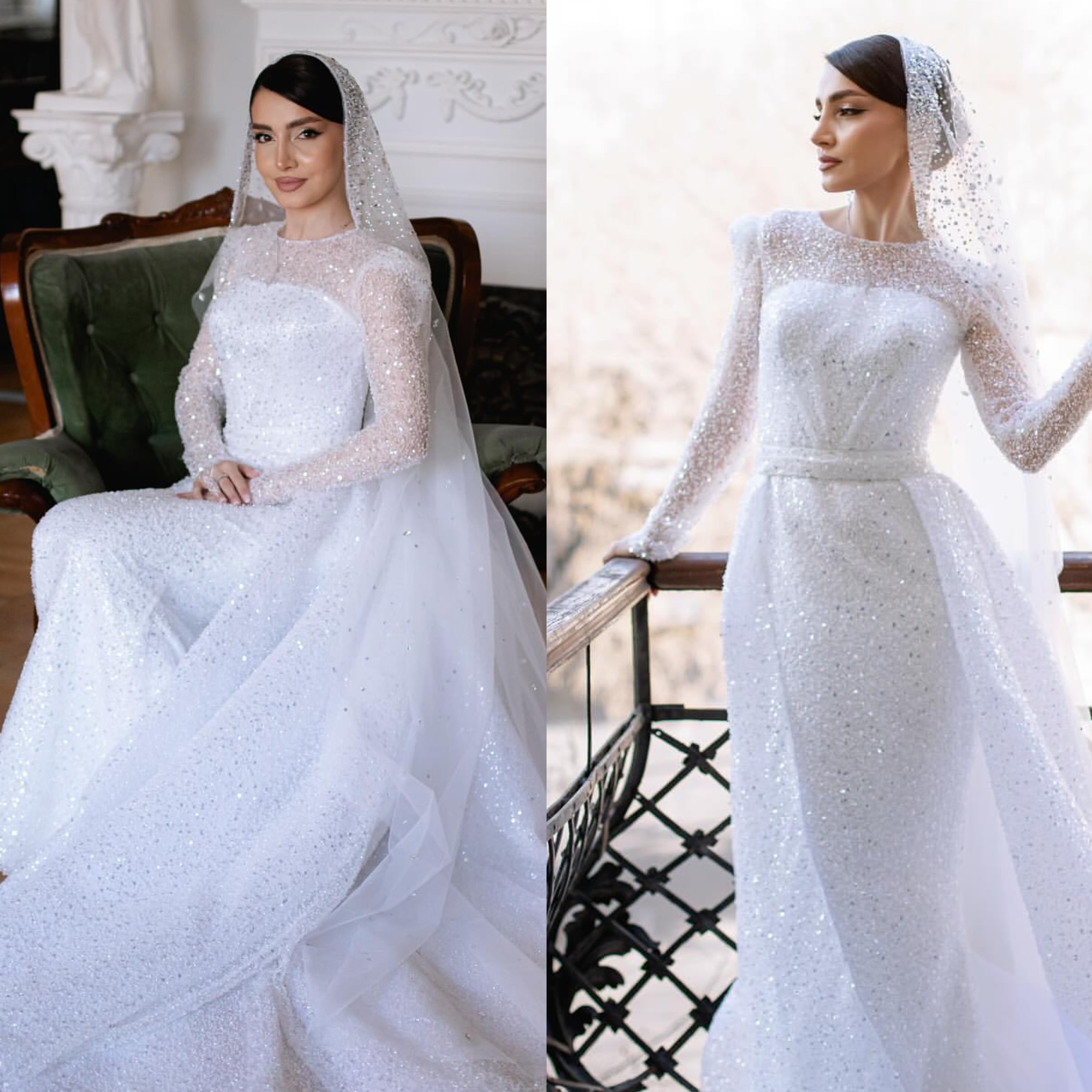 Gorgeous Sheath Sequins For Long Sleeves Wedding Dresses Bridal Gowns With Detachable Train Saudi Arabic Bride Dress Lz0304