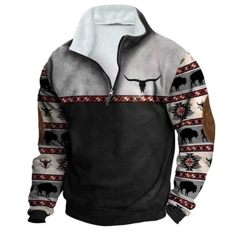 Retro patch work sweater mens wool hooded sweater autumn casual long sleeved zipper sportswear mens clothing winter casual zipper W241210