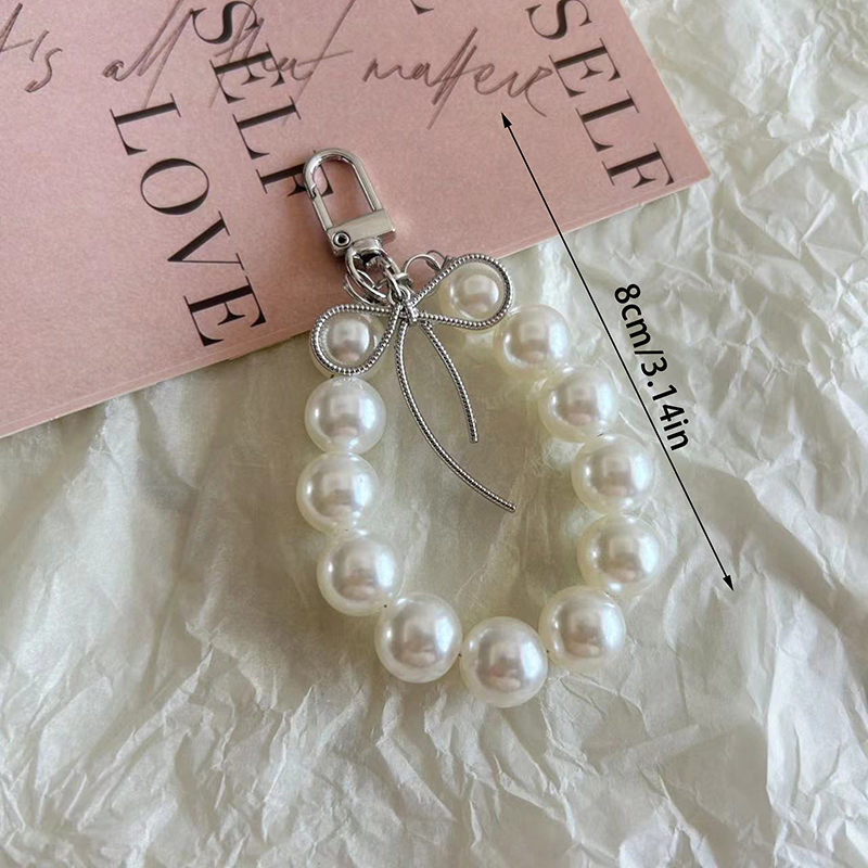 Cute Bow Pearl Ring Keychain Pendant Sweet Pearl Mobile Phone Chain Backpack Decoration Accessories