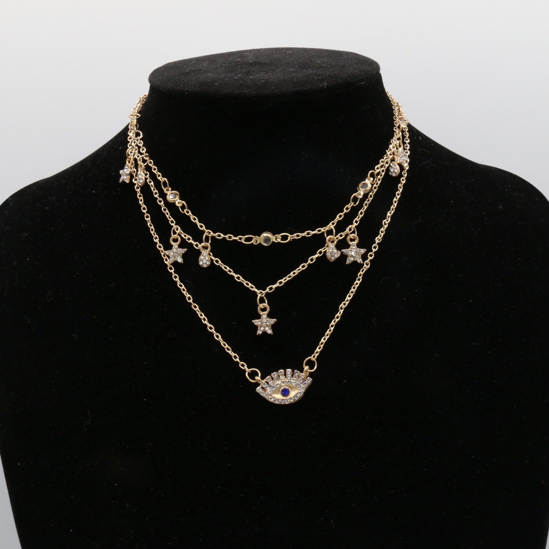 Retro Fashion Personality Full Diamond Eyes Set with Diamond Pentagram Necklace Multi-layer Water Droplet Star Flat Diamond Necklace for Women