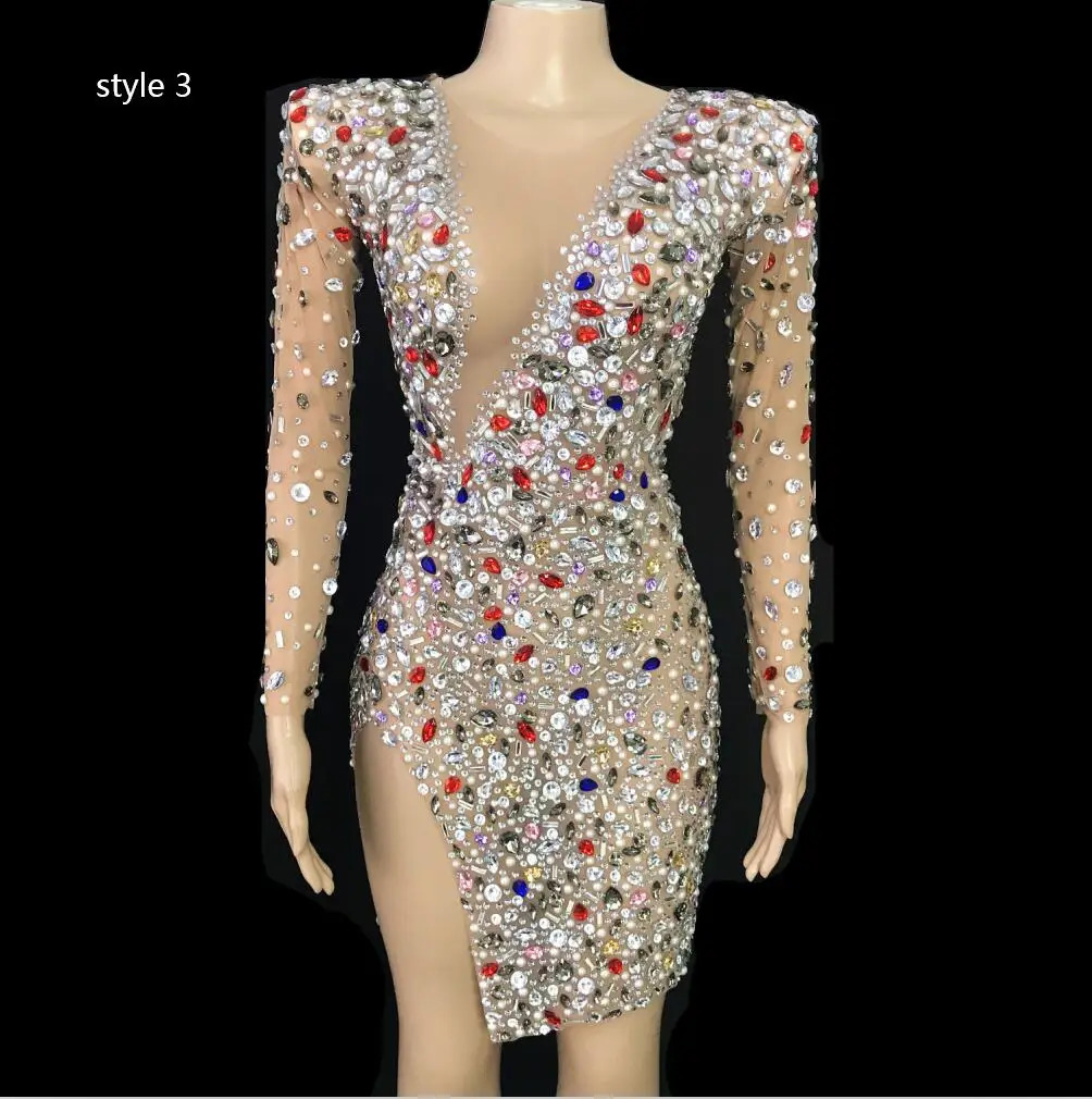 Sparkly Colorful s Transparent Dress Prom Evening Sexy See Through Multicolor Crystals Costume Birthday Fether Sleeves 240327