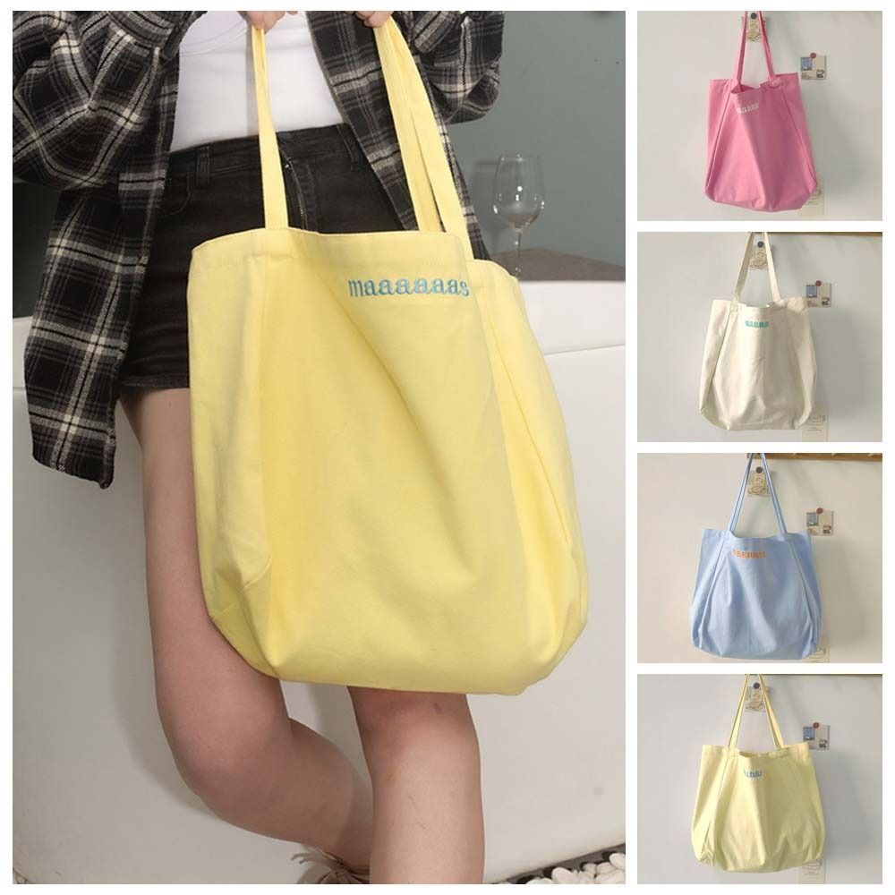 Letter Embroidery Candy Color Canvas Bag Korean Style Large Capacity Vacation Tote Bag Lightweight Eco Office Worker Tote