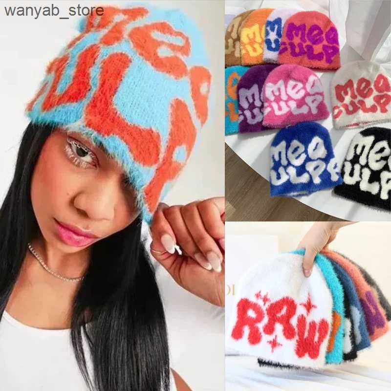 Beanie/Skull Caps Newest Y2K Unisex Warm Beanie Hat Plush Letters Jacquard Rabbit Fur Cashmere Skullies Ins Soft Fuzzy Personality Beanie Hat L240910