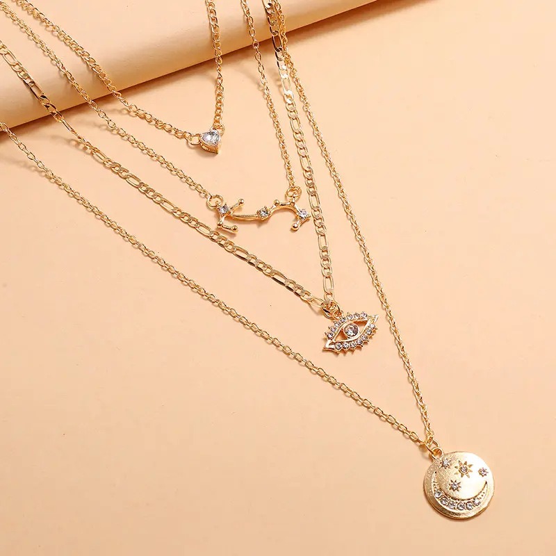 Full Diamond Eyes Stars Moon Necklace Light Luxury Niche Versatile Constellation Multi-layered European and American Personalized Pendant Accessory