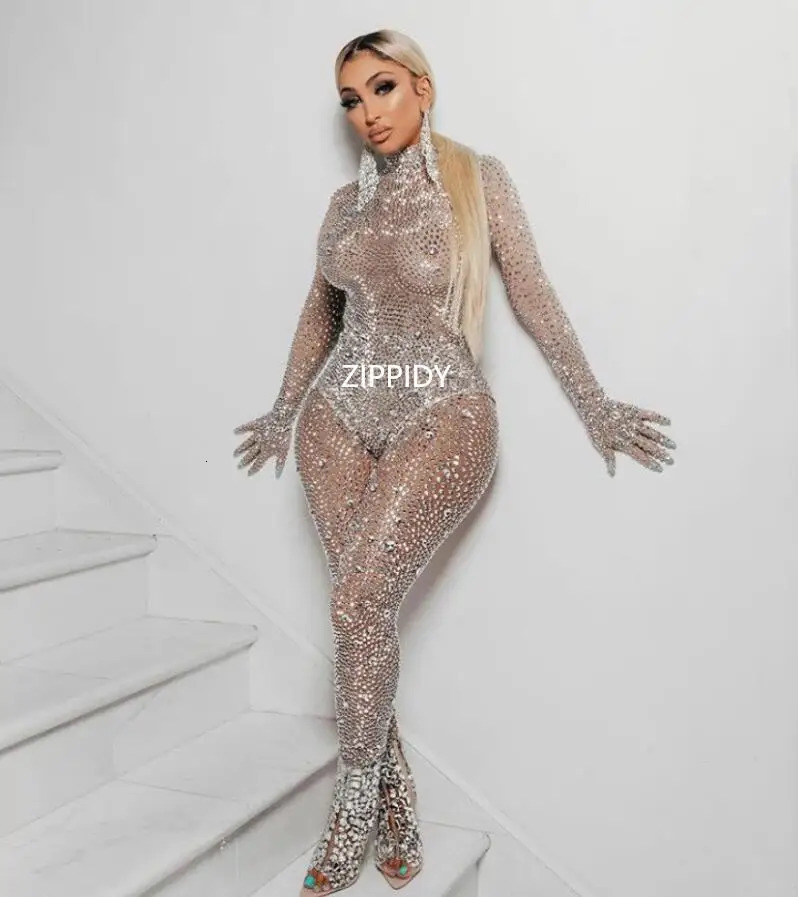 Shining Silver Stones Gloves Bodysuit Transparent Mesh s Pants Birthday Celebrate Outfit Women Singer Costumes 240327