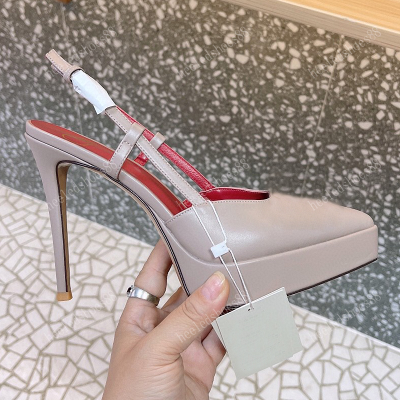 Platform heel Dress Shoes Designers sandals for womens top quality Satin Leather Slingbacks Classic Button pointed toes Lady pumps 12CM high heeled shoe 35-42
