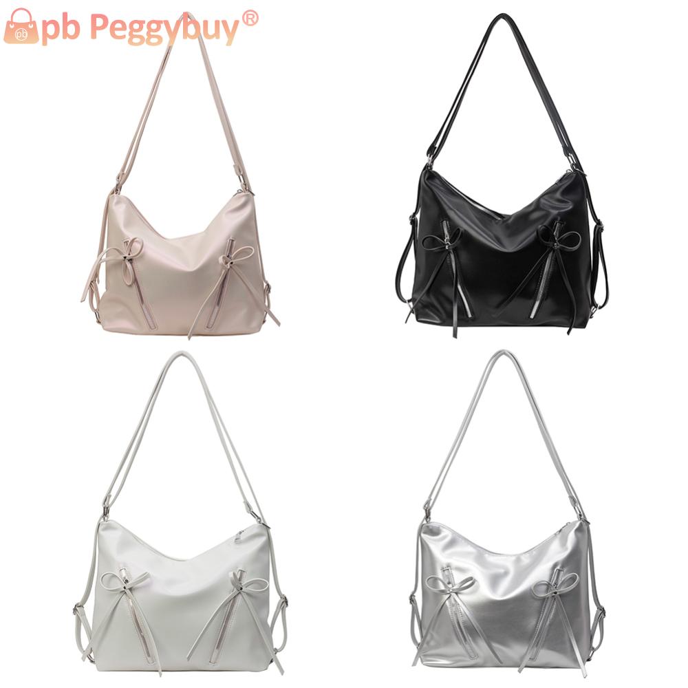 Cute Bow Shoulder Bag PU Leather Trendy Crossbody Bag Solid Color Backpack with Zipper Satchel Purse for Women