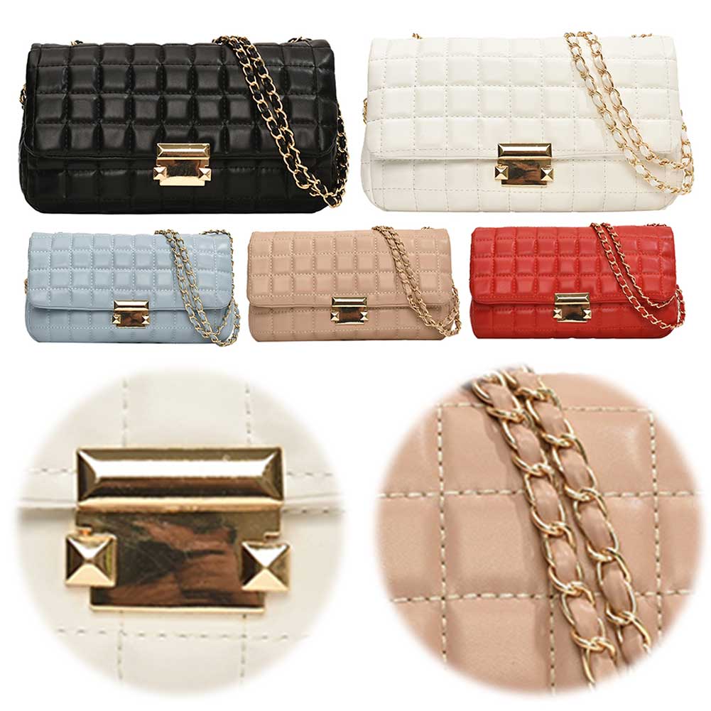 Quilted Crossbody Bag for Women with Chain Square Bag PU Leather Solid Color Satchel Purse Travel Commuter Bag