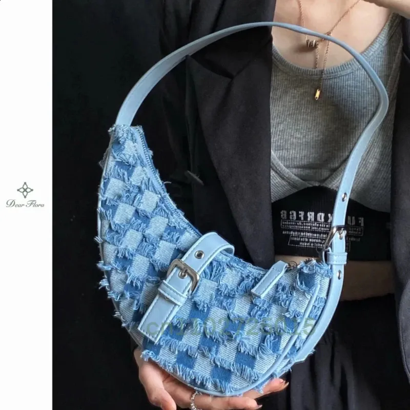 Vintage Denim Shoulder Bag Half Moon Saddle Bag Harajuku Women Underarm Bag Fashion Handbags Casual Ladies Purses Cowboy Bag