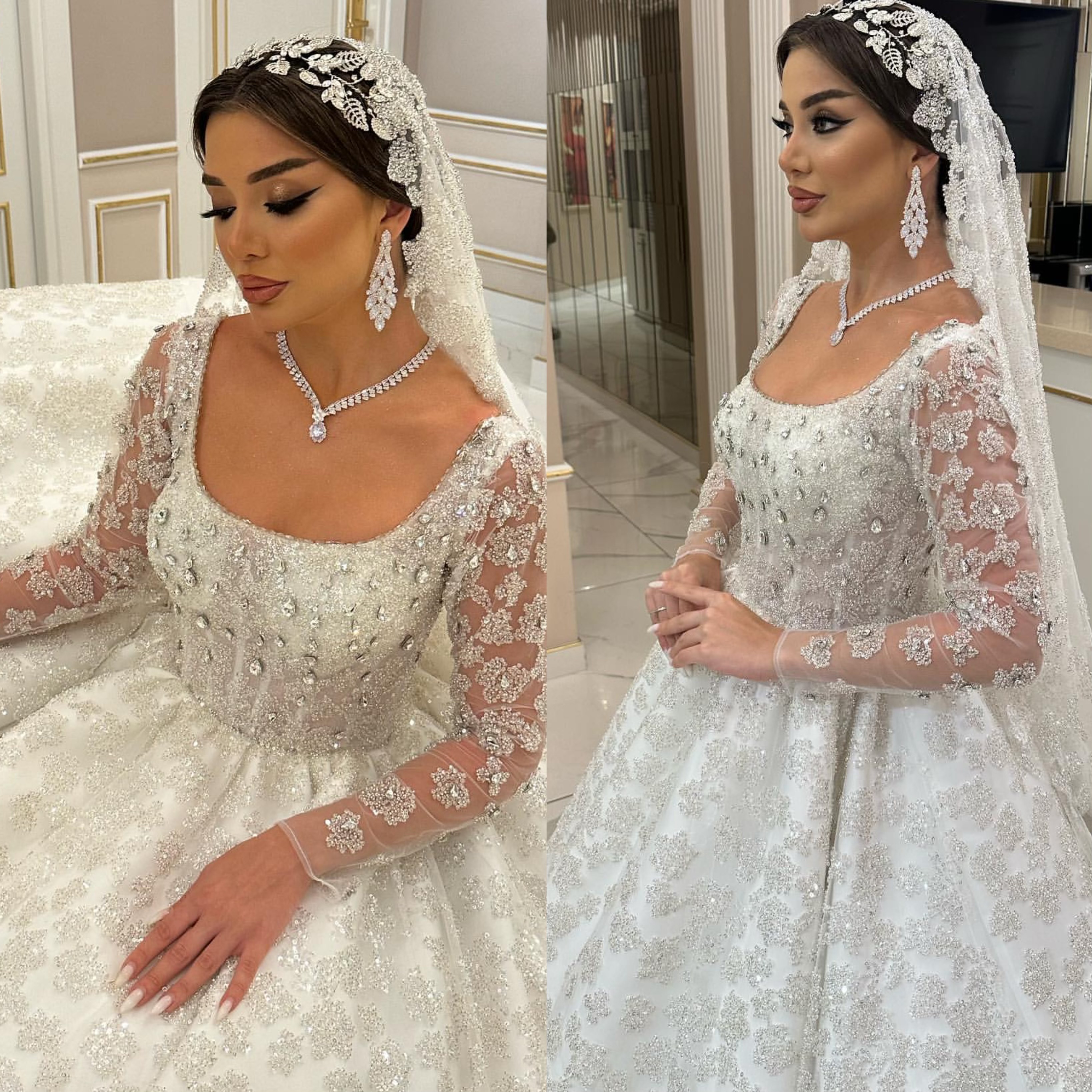 Saudi arabic crystal ball gown Wedding Dress for bride illusion wedding dresses long sleeves ruffle Dubai r Bridal gowns plus size