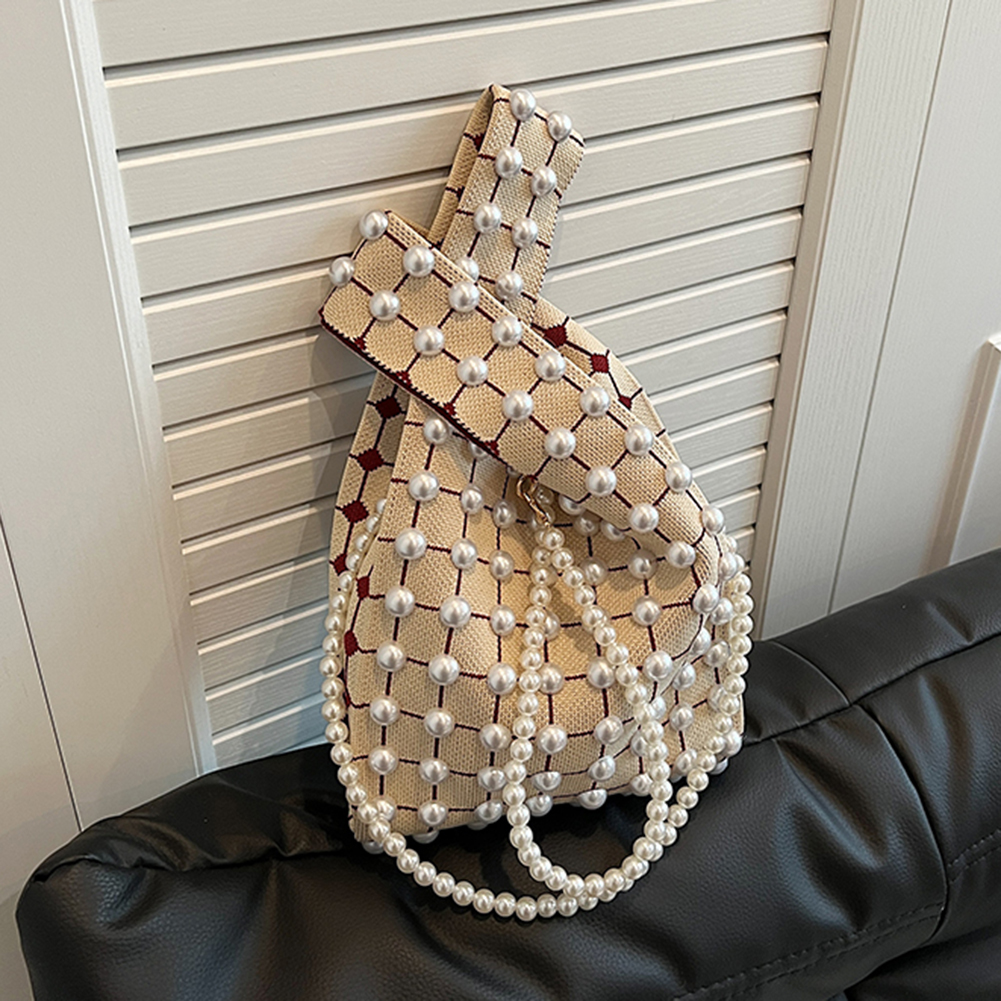 Women Knitted Pearl Handbag Crochet Tote Bag with Detachable Chain Fashion Shoulder Bag Trendy Crossbody Bag for Party Vacation