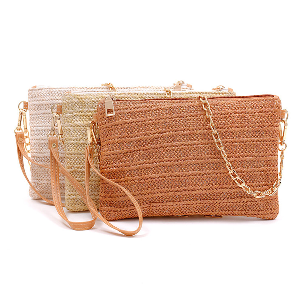Summer Woven Wristlet Wallets with Chain Strap Wristlet Strap Fashion Handbag Messenger Bag Crossbody Bag for Women
