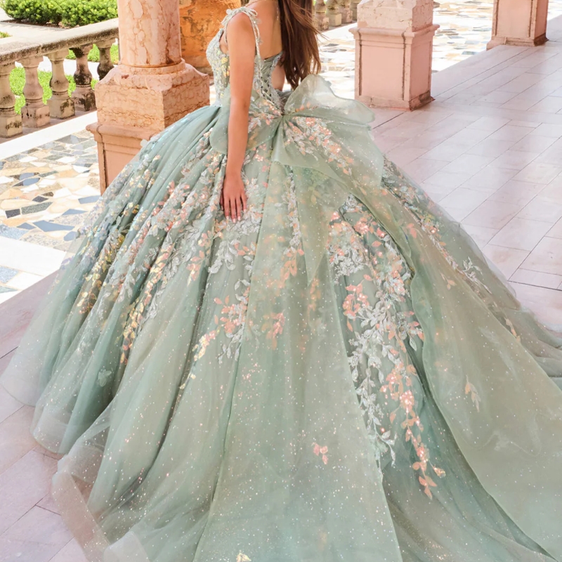 Sparkly Sage Green Quinceanera Dresses Ball Gown Sequin Lace Applique Beading Tull Party Birthday Corset Sweet 16 Dress Vestidos De 15 Anos