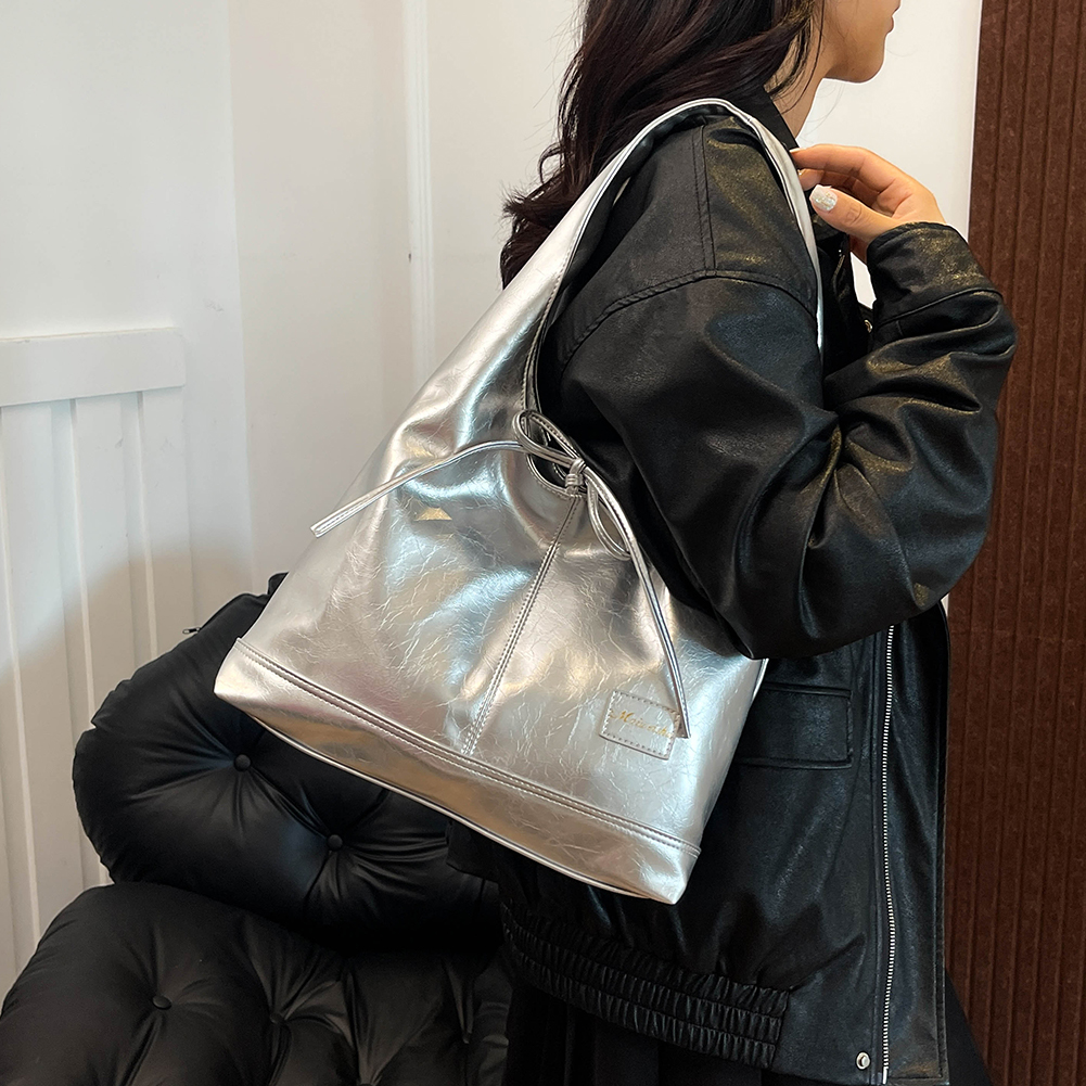 Women PU Bow Shoulder Bag Casual Underarm Bag Large Capacity Stylish Shoulder Purse Top Handle Handbag Outdoor Travel Bag