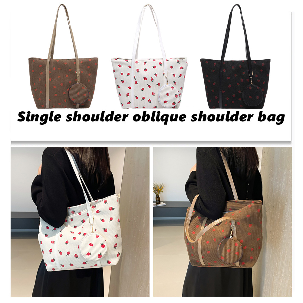 Women Corduroy Shoulder Bag Strawberry Pattern Tote Bag with Round Pouch Chic Hobo Bag Casual Tote Purse Fashion Shopper Bag
