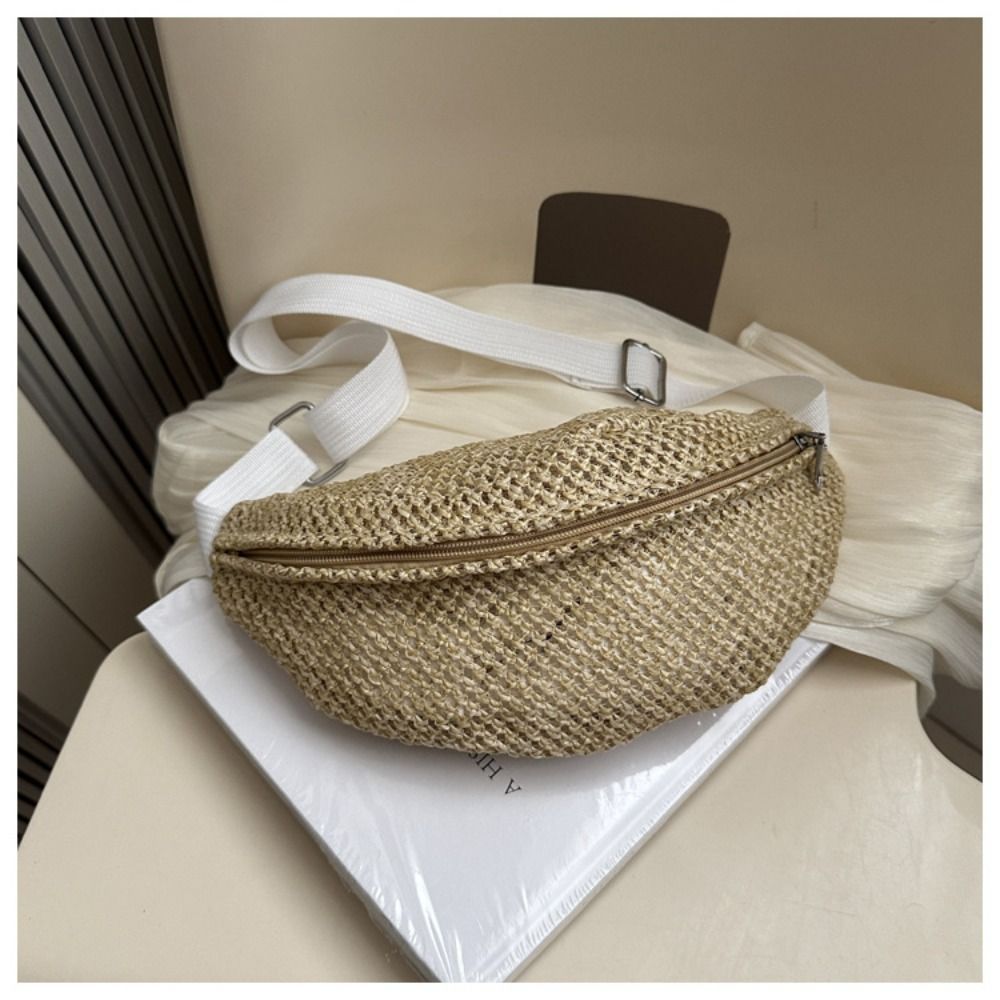 Half Moon Straw Woven Bag Large Capacity Anti-theft Woven Handbag Phone Holder Pocket Phone Bag Adjustable Sports Pouch Hiking