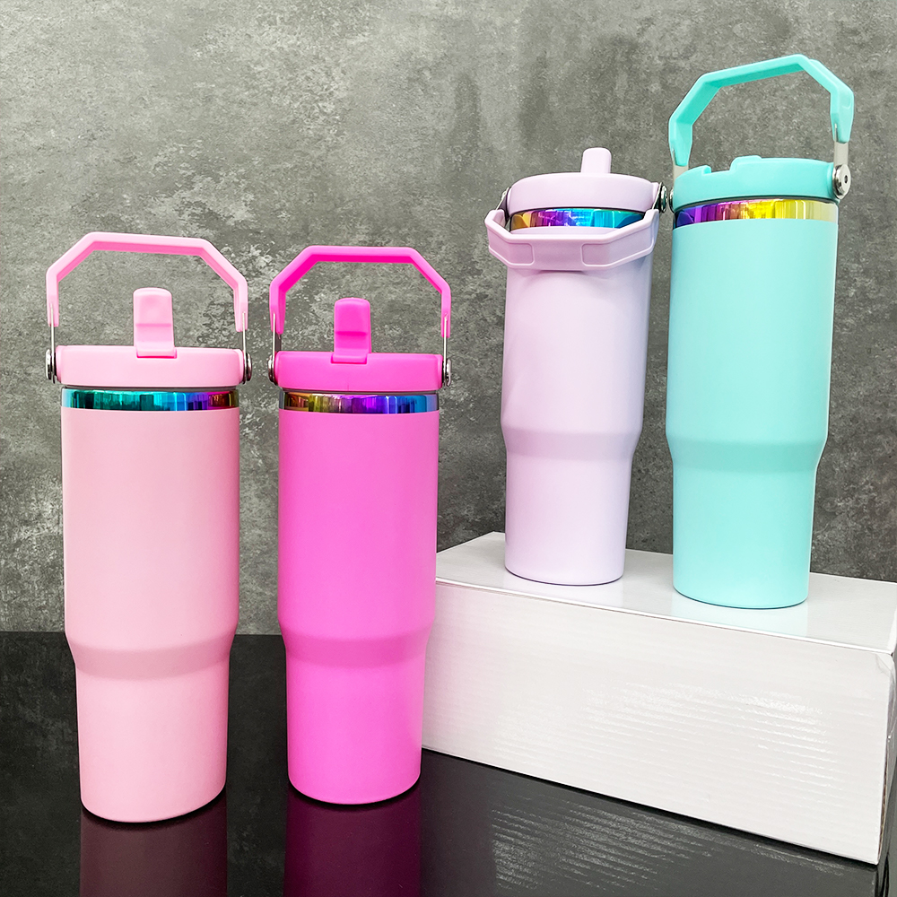 Flip straw 30oz matte macaron rainbow plated tumbler Leak proof stainless steel vacuum insulated travel mugs coffee cups for Laser engraving