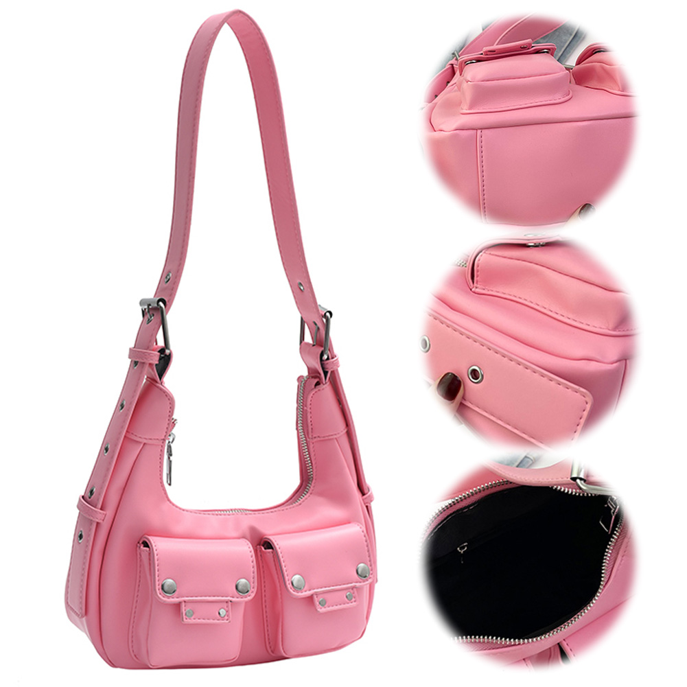 Women Crescent Bag with Double Pockets PU Leather Handbag Adjustable Strap Crossbody Bag Hobo Bag Travel Commuter Bag