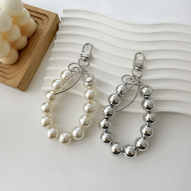 Cute Bow Pearl Ring Keychain Pendant Sweet Pearl Mobile Phone Chain Backpack Decoration Accessories