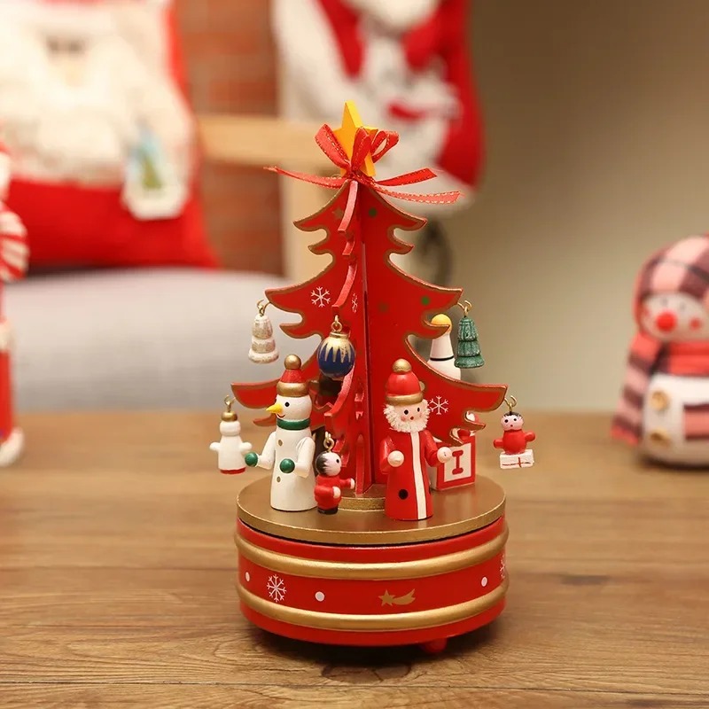 Christmas Wooden Music Box, Rotating Carousel Musicbox for Kids Gifts Xmas Tree Decoration
