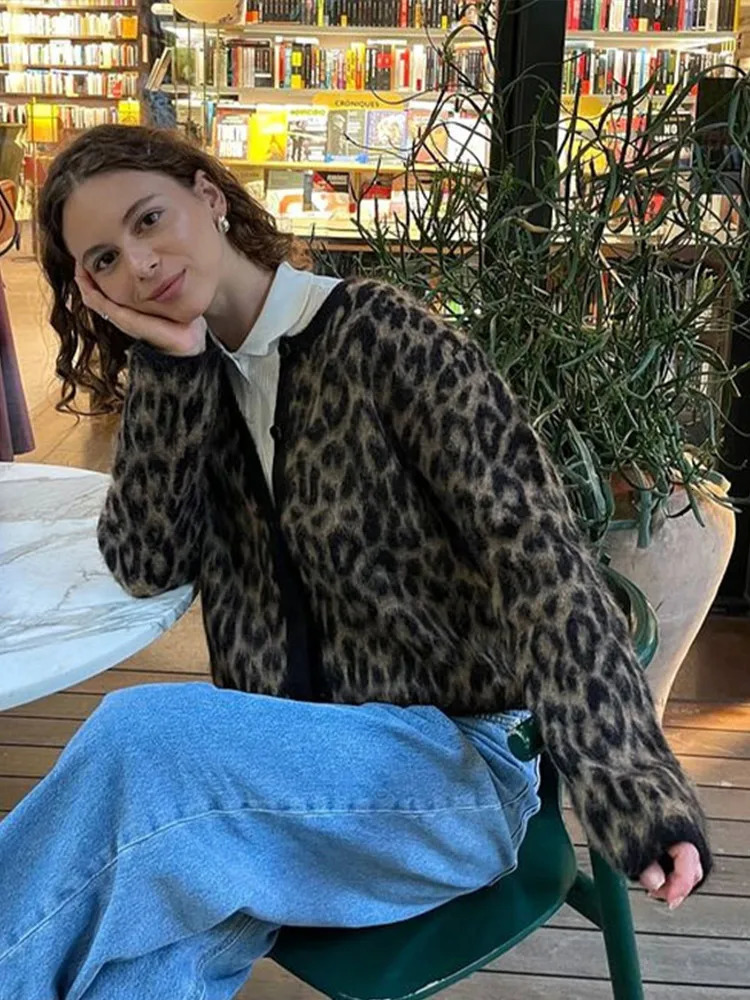 Chic Mohair Leopard Print Cardigan For Women: Stylish Long-Sleeve Knitwear