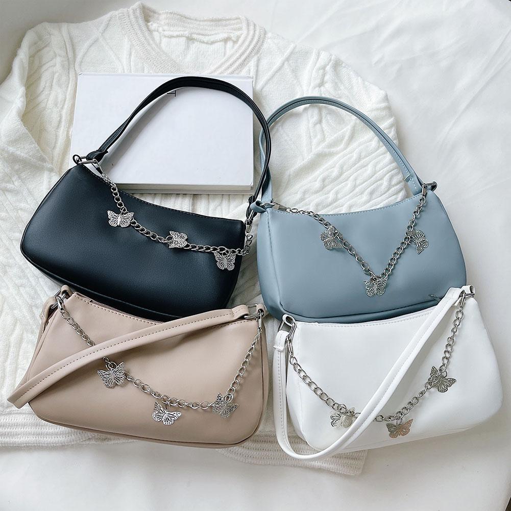 Stylish Butterfly Chain Shoulder Shopping Bags Women Small Pure Color Handbags Daily PU Leather Underarm Bags