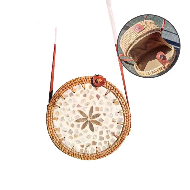 Woven Bag Women's Summer Rattan Messenger Bag Round Color Shell Retro Hand-woven Shoulder Bag Beach Bag Handmade Handwoven