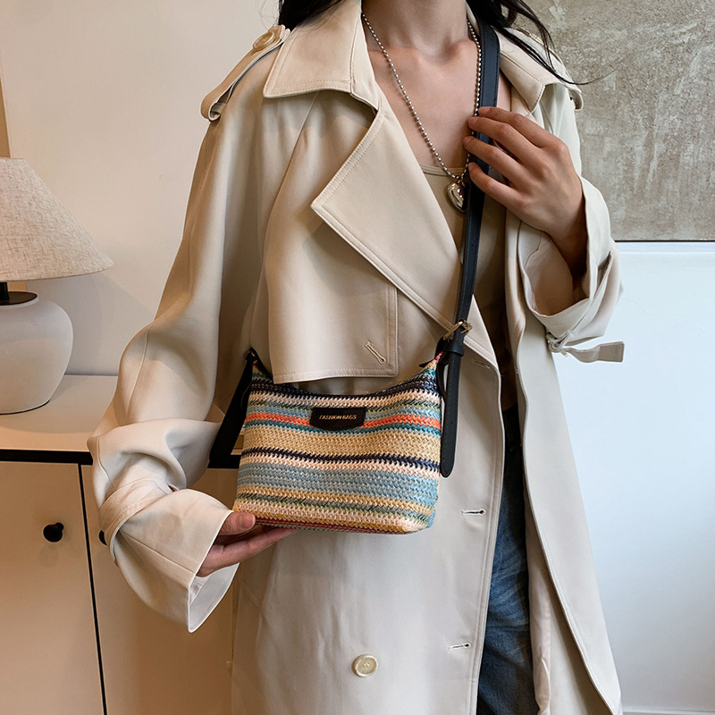 Brand Designer PU and Straw Weave Patchwork Women's Shoulder Bag Casual Crossbody Bag Bucket Handbag for Summer Holiday