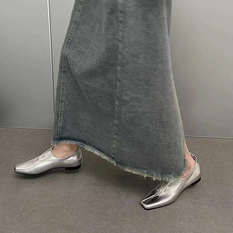 Women Flat Shoes Genuine Leather Sheepskin Comfort Flats Slip On Silver Beige Simple Shoes Spring Autumn Soft Loafers Square Toe