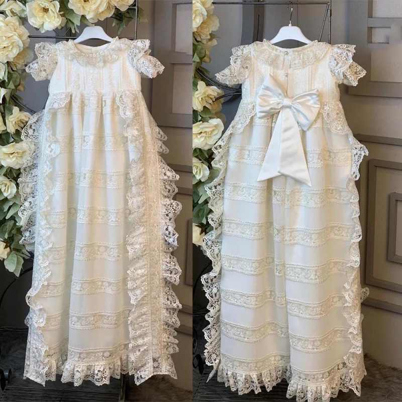 Princess First Communion Gown For Baby O Neck Lace Bow Christening Dresses For Newborns Short Sleeve Appliques Kid Formal Wear Baptism Dress