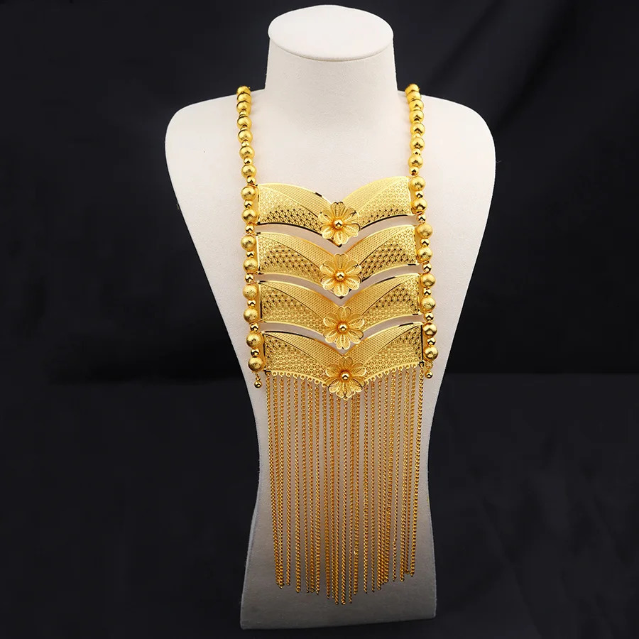 Dubai Indian Necklace Earrings Big Pendant Tassel Jewelry Set Gold Color For Women Nigeria African Bridal Wedding Party Jewelery 241107