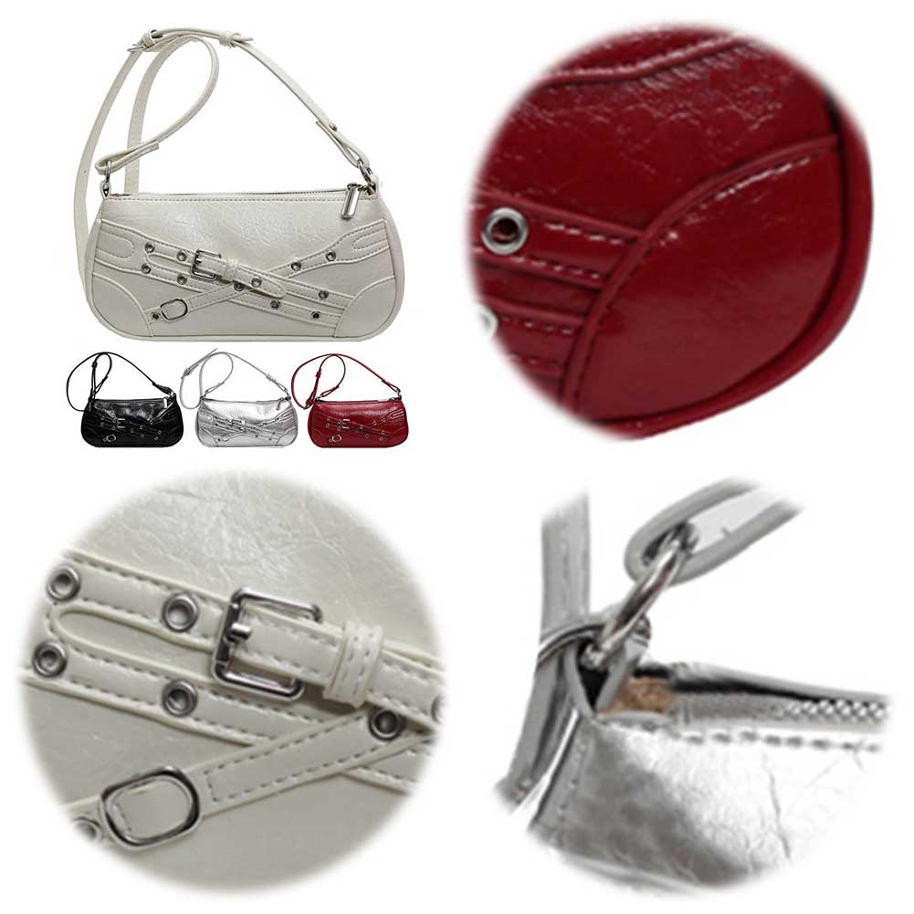 Women PU Fashion Shoulder Bag Adjustable Strap Cool Style Crescent Bag Zipper Closure Punk Style Hobo Bag Stylish Satchel Bag