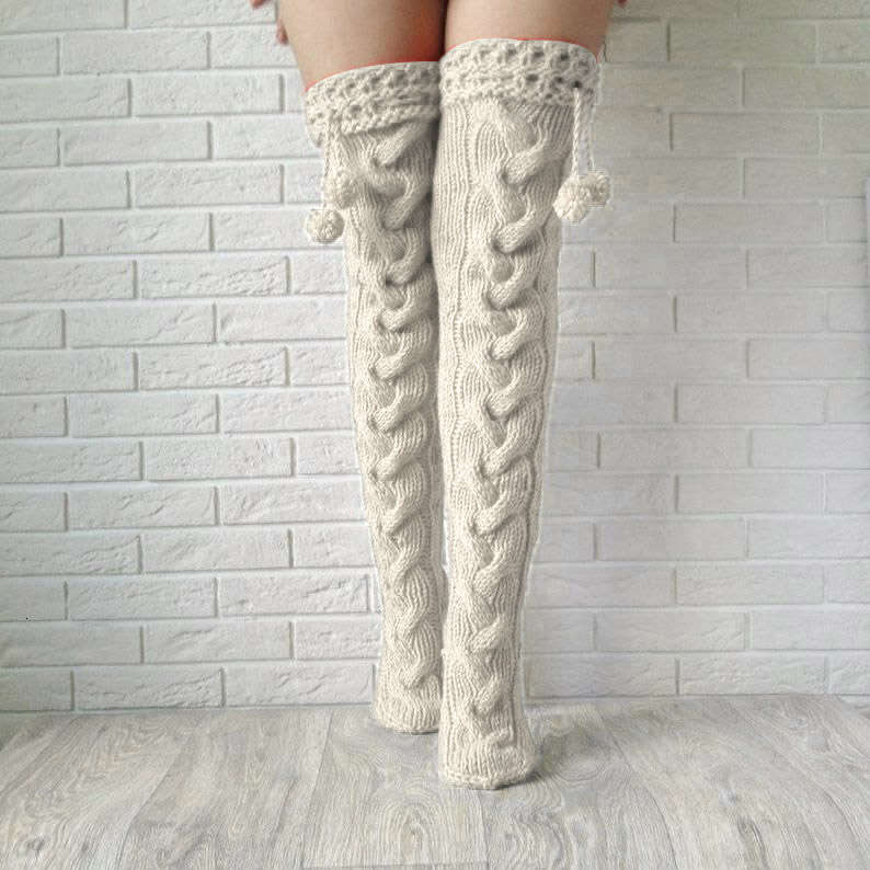Women S Cable Knit Thigh High Soc With Fuzzy Pom Poms Cozy Over The Knee Winter Stockings Trendy Leg Warmers For Cold