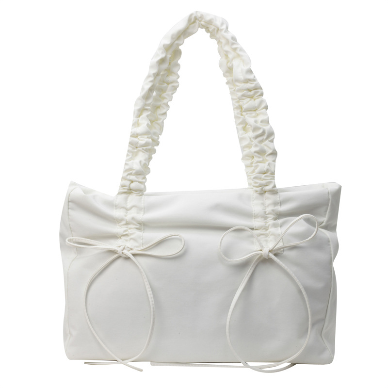 Niche Design Pleated Bow Shoulder Bag Women 2024 New Trendy Versatile Solid Tote Bags Girl Large Capacity Canvas Handbag