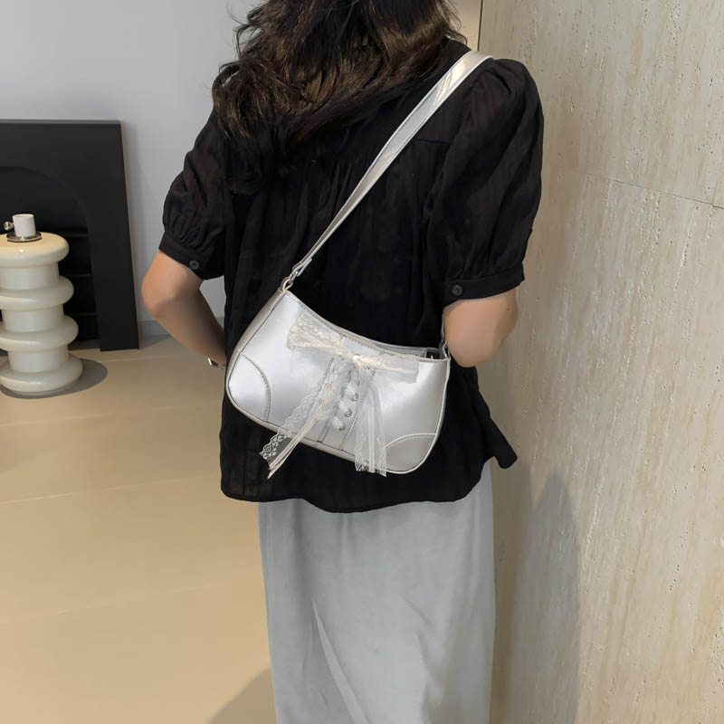 Women Simple Bow Shoulder Purse with Lace Band PU Underarm Bag Fashion Shoulder Bag Trendy Tote Handbag Outdoor Travel Bag