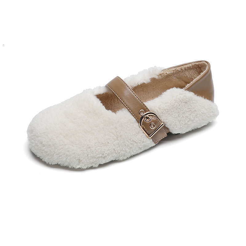 White Lambwool Flat shoes woman leather patchwork ankle belt masy janes winter fur flats round toe furry moccasins