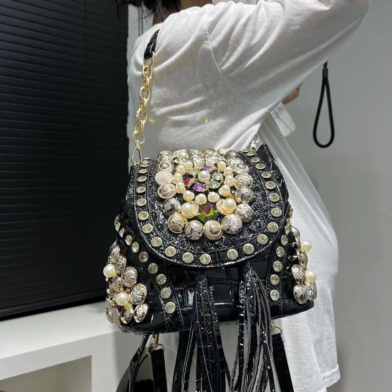 Women's Fashion Diamond Handbag Elegant Evening Beaded Light Luxury Backpack Crossbody Bag