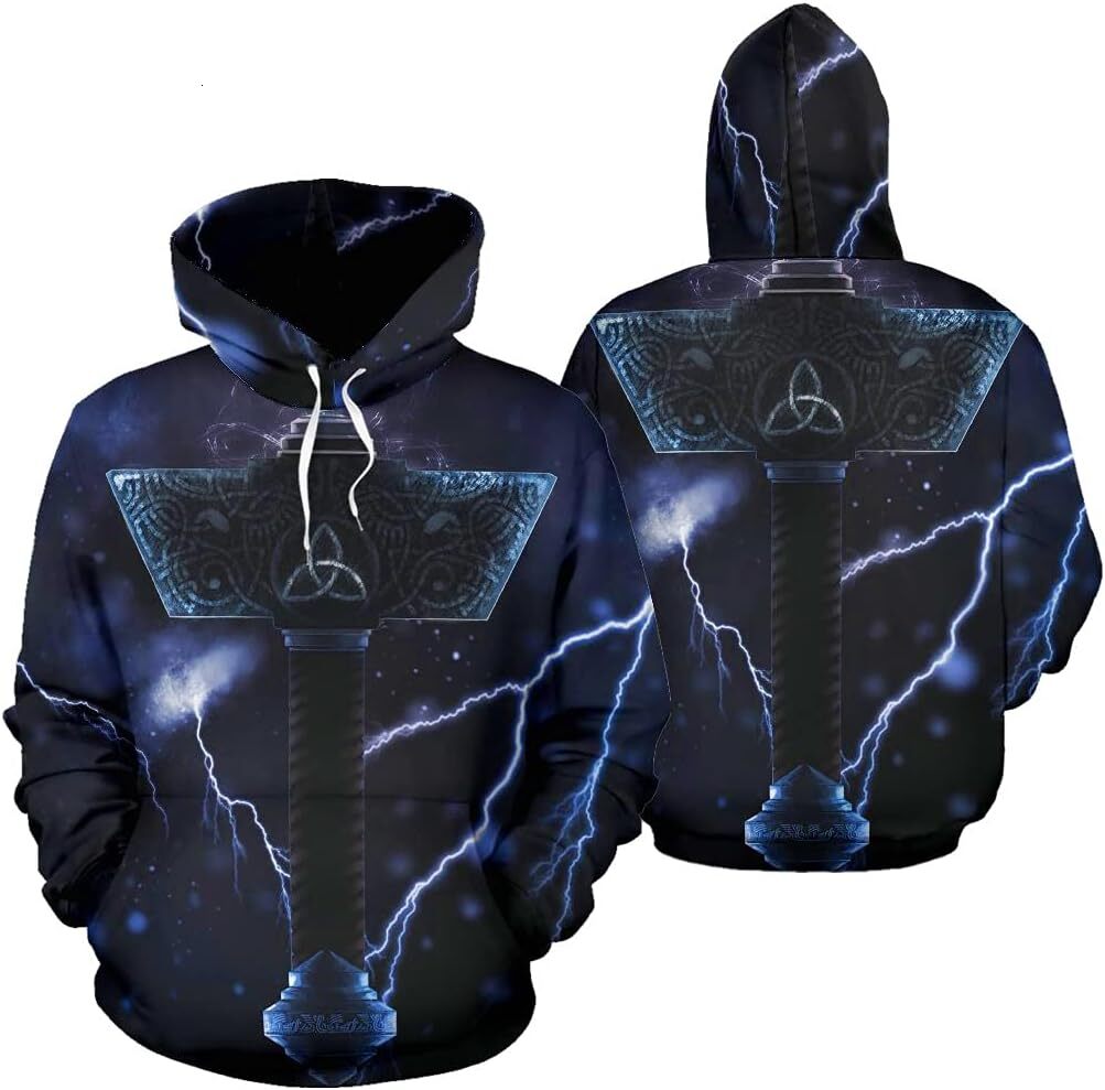Hoodie for Mens Womens Nordic Myth Thors Hammer Hoodie, 3D All Over Print Viking Pullover, Men Sweatshirt with Pocket Graphic Trendy patterns