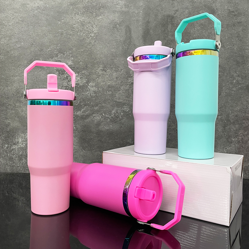Flip straw 30oz matte macaron rainbow plated tumbler Leak proof stainless steel vacuum insulated travel mugs coffee cups for Laser engraving
