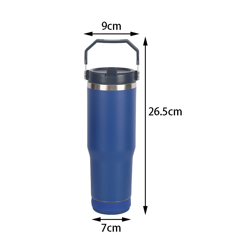 Portable colored Powder Coated 30oz Speaker Flip Straw Travel Mug Durable BPA Free Stainless Steel Sports Cup with Carry Handle
