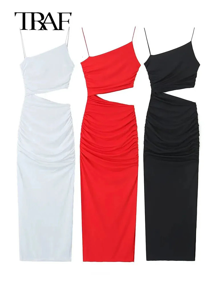 TRAF Cut Out Satin Dress Woman Print Long Dresses For Women Pleated Backless Sexy Party Summer Evening 240329